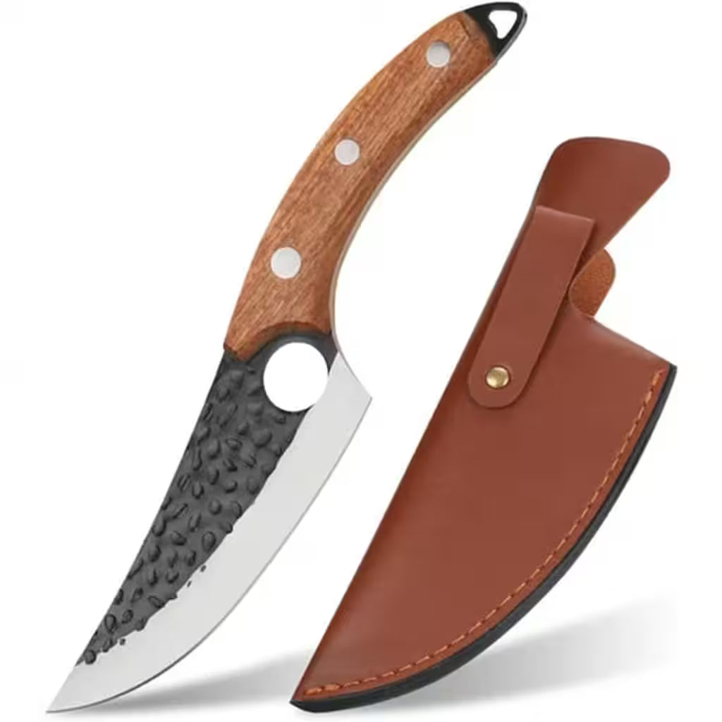 Cuțit japonez curbat extrem de ascuțit, cu lamă din oțel pentru tăiere precisă și control maxim, livrat cu teacă din piele pentru protecție