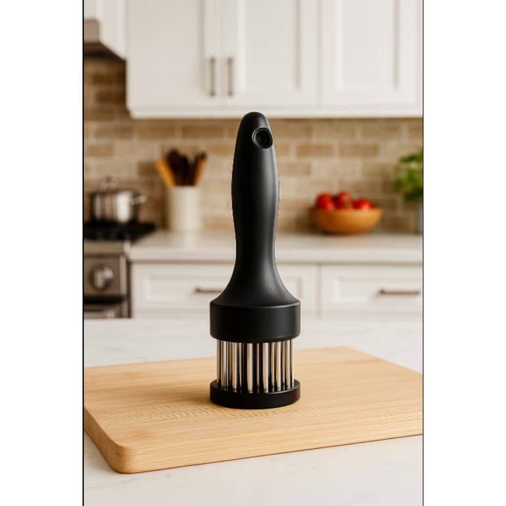 Fragilizator de carne manual din oțel inoxidabil, utilizat pe blat de bucătărie pentru frăgezirea rapidă a cărnii înainte de gătire.
